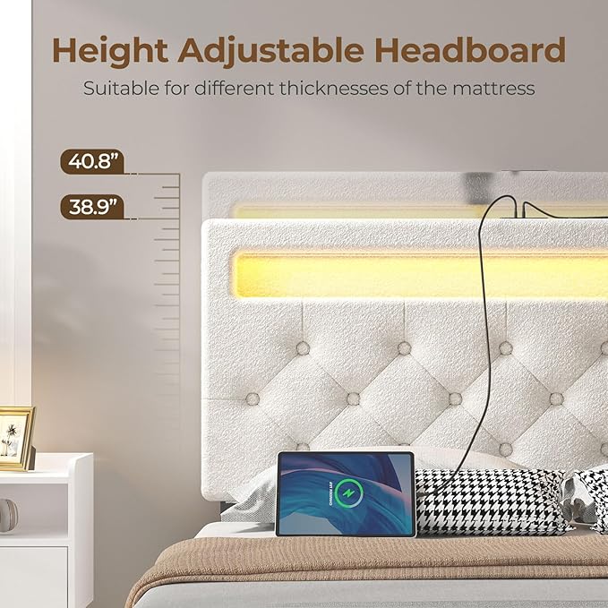 Rolanstar Twin Bed Frame with 4 Storage Drawers and Charging Station,Twin Bed with Led Lights, 2 USB & 1 Type C, Adjustable Headboard 38.9/40.8 Inches, No Box Spring Needed, White