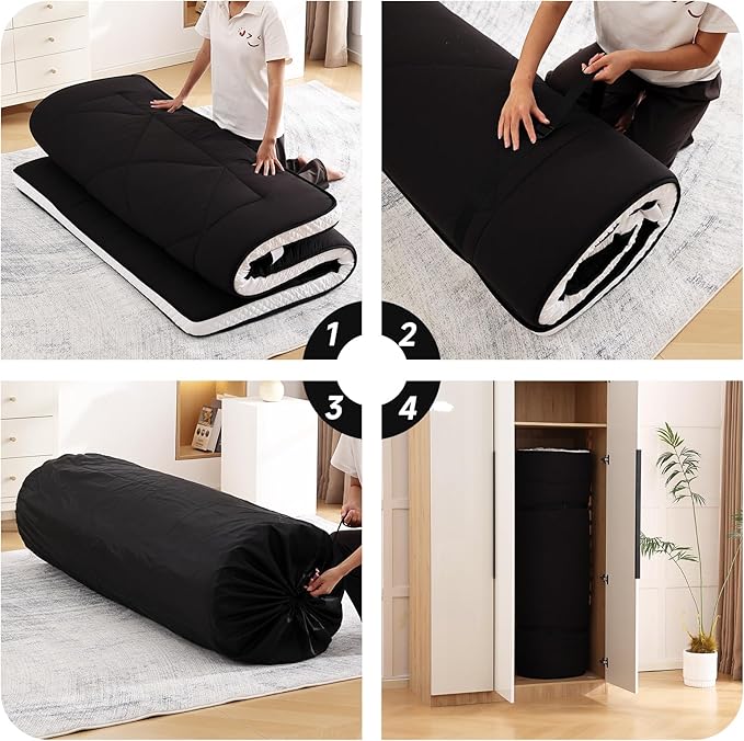 Welnow Japanese Futon Floor Mattress, Thick Twin Size Tatami Mat Portable & Foldable Roll Up Floor Bed Mattress with Storage Bag, Sleeping Pad for Adults, Dorm, Guest Bed, Camping and Travel, Black