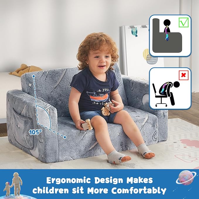Toddler Couch,Toddler Chair, 2-in-1 Baby Seat Furniture Fold Out, Convertible Sofa to Lounger Soft Comfy Glow in The Dark Kids Sofa Bed Gifts for Kids Girl Boys,Star,Large