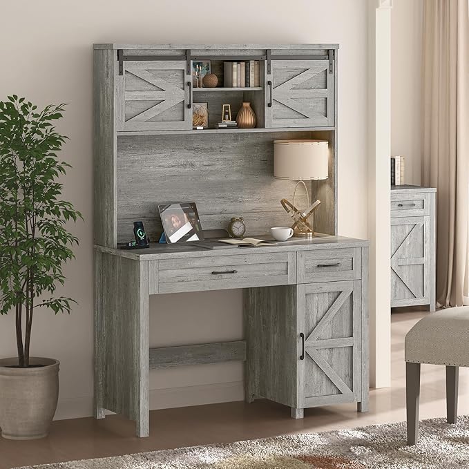 Farmhouse 47" Executive Desk, Computer Desk with 2 Drawers and Storage Cabinet, Home Office Desk with Hutch, Charging Hub, Workspace for Work and Study, Gray