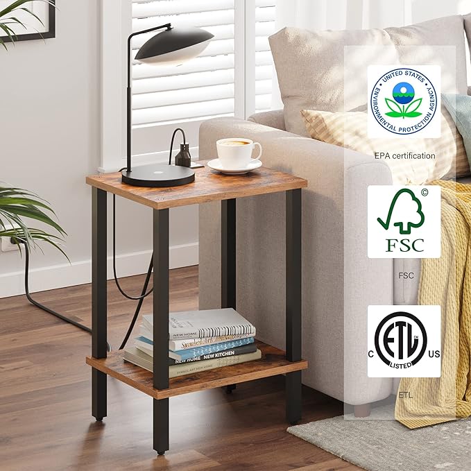 TUTOTAK End Table with Charging Station, Side Table with USB Ports and Outlets, Nightstand, 2-Tier Storage Shelf, Sofa Table for Small Space, 1 Package（2PCS） TB01BB041