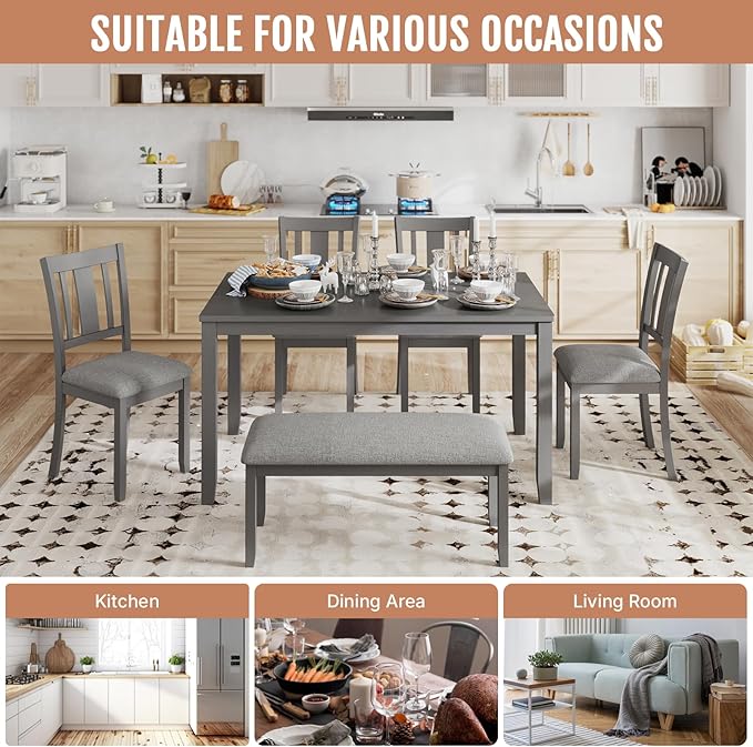 6-Piece Wooden Dining Table Set, Dining Table Set for 6, Including 1 Dining Table, 4 Upholstered Chairs and 1 Bench, Wooden Legs Dining Table, Table Set for Dining Room & Kitchen, Grey