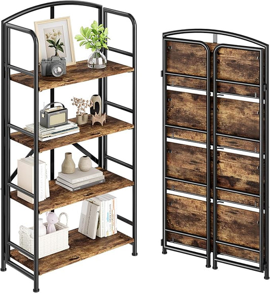 No-Assembly Folding Bookshelf Storage Shelves 4 Tiers Vintage Multifunctional Plant Stand Storage Rack Shelves Bookcase for Home Office