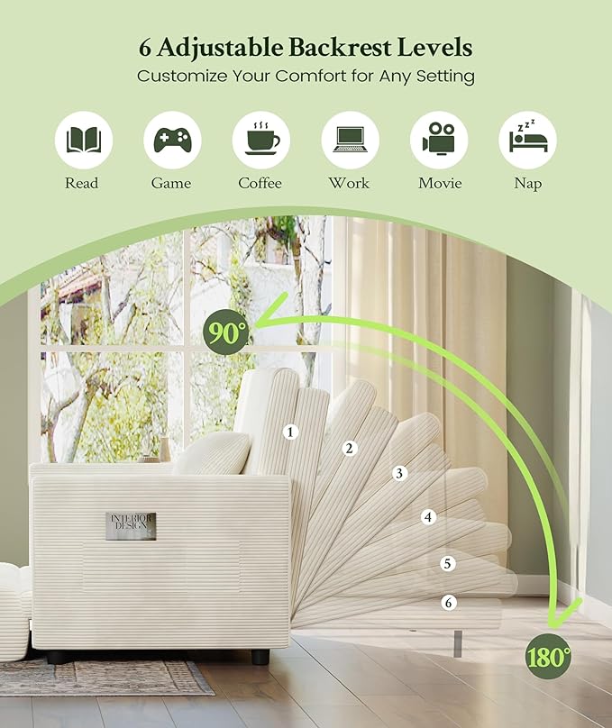 53” Convertible Sofa Bed Couch, Corduroy Couch Bed, 6-Position Loveseat Sleeper Sofa, Love Seat Sleeper Bed 23.6" Extra Deep Seat, Modern Couches for Living Room/Apartment/Home/Office, Beige