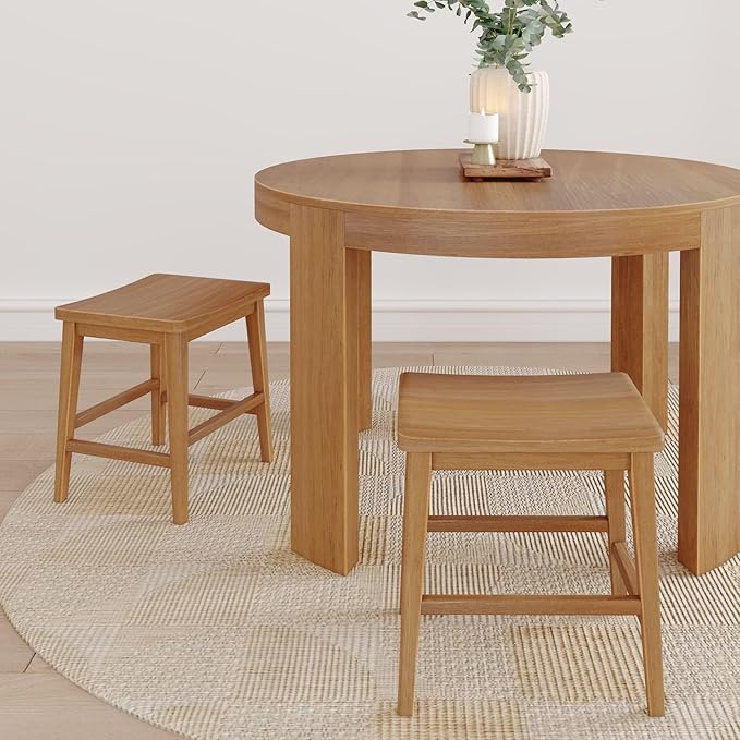 Plank+Beam Smythe Dining Stool, 18" Vanity Stools, Set of 2, Sturdy Wood Modern Kitchen Stool, Saddle Seat Backless Chair, Metal Footrest, Pecan