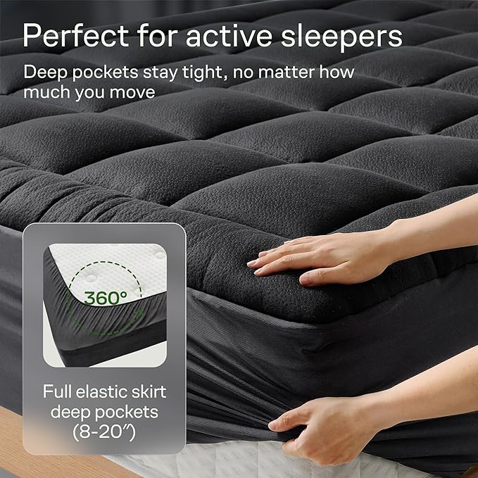 Ultra Soft King Size Mattress Topper - Viscose Made from Bamboo Pillow Top Mattress Pad for Back Pain Relief - Naturally Cooling for Hot Sleepers, Black
