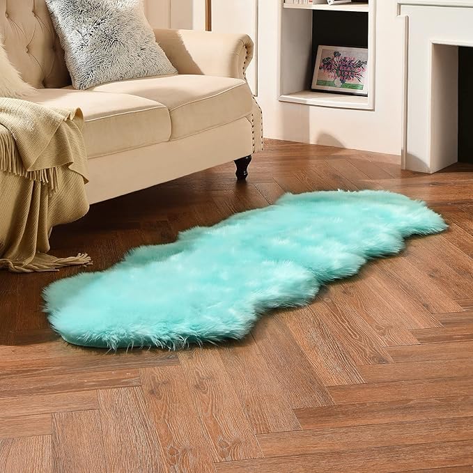 duduta Turquoise Blue Faux Sheepskin Runner Rugs 2x6 ft, Fluffy Shag Bedroom Rug Fur Sofa Couch Covers Washable