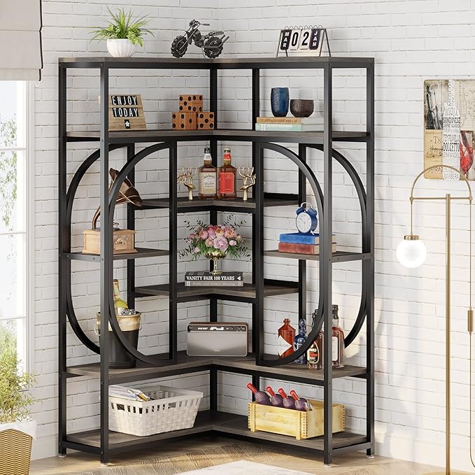 LITTLE TREE Large Corner Bookshelf Industrial Bookcase for Living Room Home Office,Grey