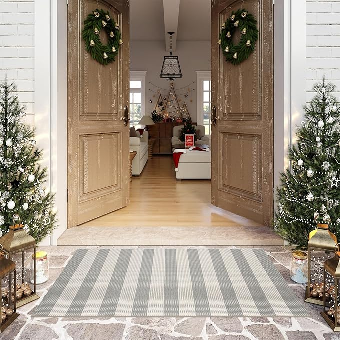 OJIA Indoor Outdoor Rugs 3'x5', Washable Area Rug Entryway Rugs Indoor Front Door Mats Striped Porch Rug Cotton Small Floor Carpet for Entry/Patio/Deck/Balcony/Bedroom/Living Room (Gray/White/Tan)