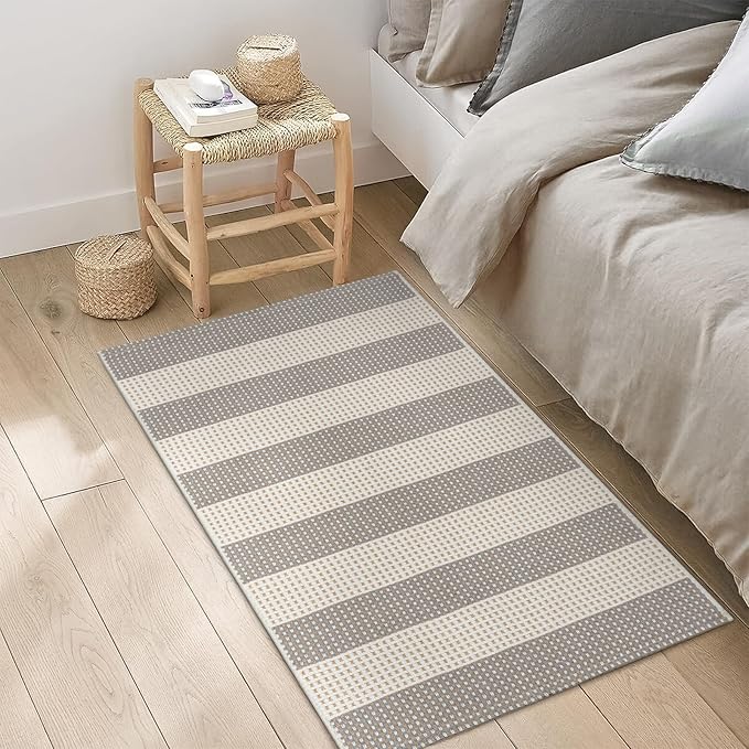OJIA Fall Front Door Mat Outdoor Entrance 24"x36", Machine Washable Porch Rug Indoor Outdoor Rugs Halloween Doormat Cotton Woven Entryway Rug Striped Small Area Rugs for Kitchen (Gray/White/Tan)