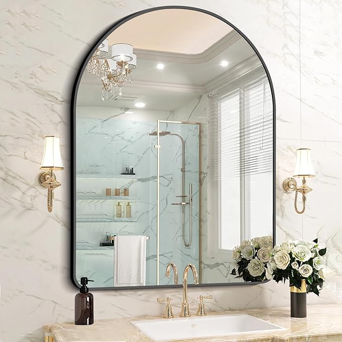 FORBATH Arched Mirror 36x48 Inch, Bathroom Mirror Wall Mounted Modern Black Aluminum Alloy Frame Decor Large Dresser Mirror for Bedroom Living Room Entryway, Hanging or Leaning Against Wall