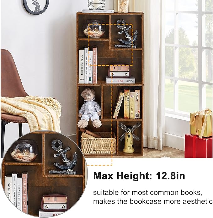 VECELO 42 Inch High Bookcase, 4-Tier Modern Storage Cabinet with Height Difference Shelves for Standard Textbooks, Floor Standing, 7 Cubes, Horizontal Available, Easy Assembly, Rustic Brown