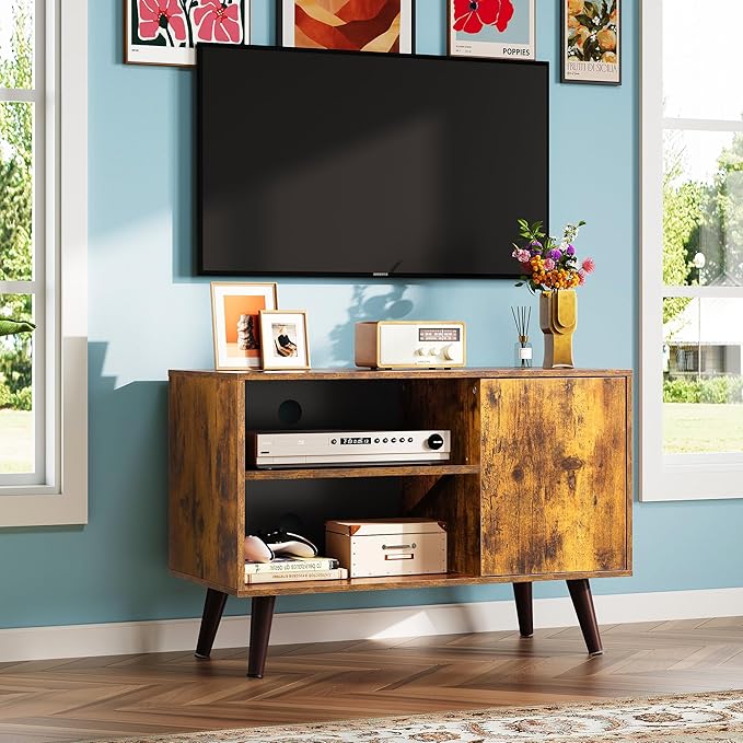 WLIVE TV Stand for 40 Inch TVs, Small Entertainment Center with Storage Cabinet, Mid-Century Modern TV Stands for Living Room and Bedroom, 32" TV Console, Brown