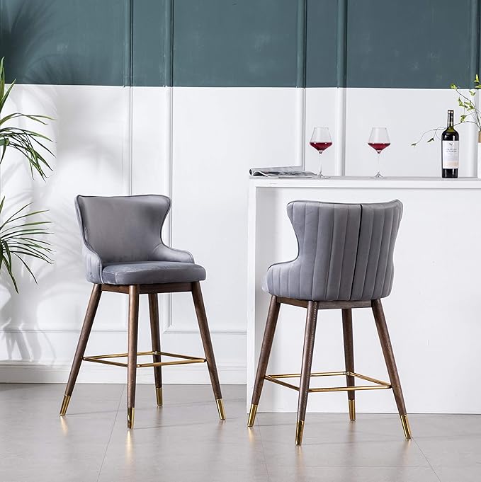 Roundhill Furniture Leland Fabric Upholstered Counter Height Wingback Stools, Set of 2, Gray
