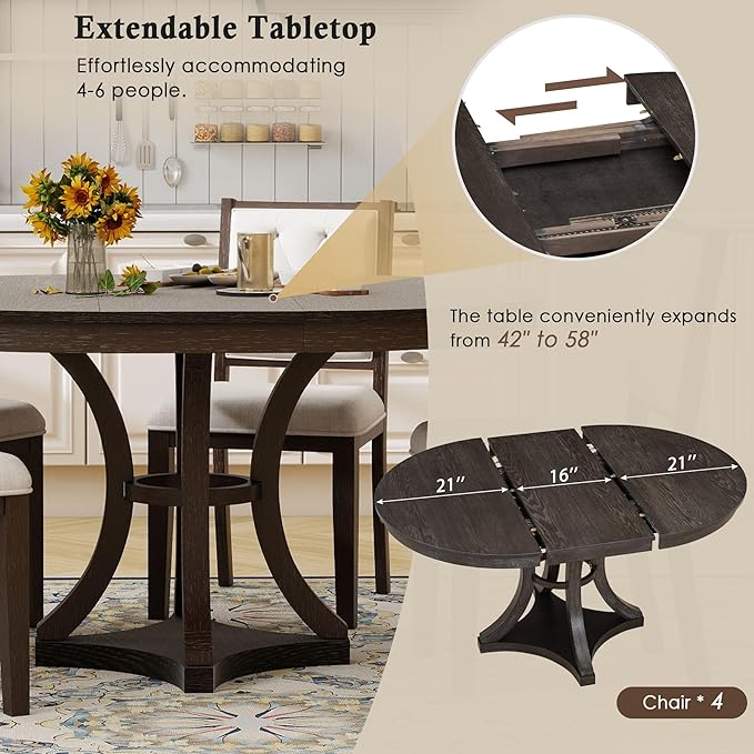 Ball & Cast Retro Dining Table Set for 4 with 4 Upholstered Chairs,5-Piece Wooden Living Room Furniture W/ 42" Round Extendable Kitchen Desk,for Small Space,Apartment,Dining Room,Espresso