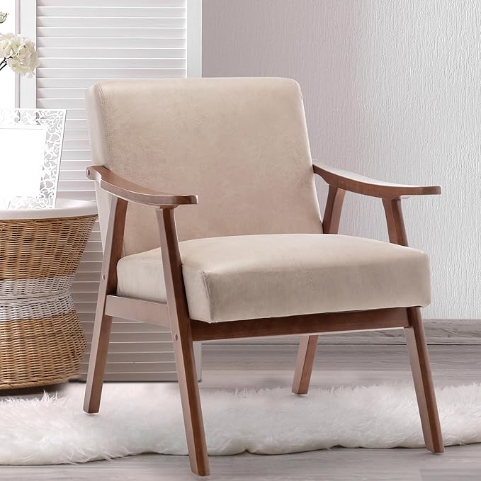 KEIKI Mid Century Modern Accent Chair w/High Wingback,Comfy Fabric Living Room Chairs with Solid Wood Frame, Lounge Reading Armchair, Easy Assembly, Light Camel