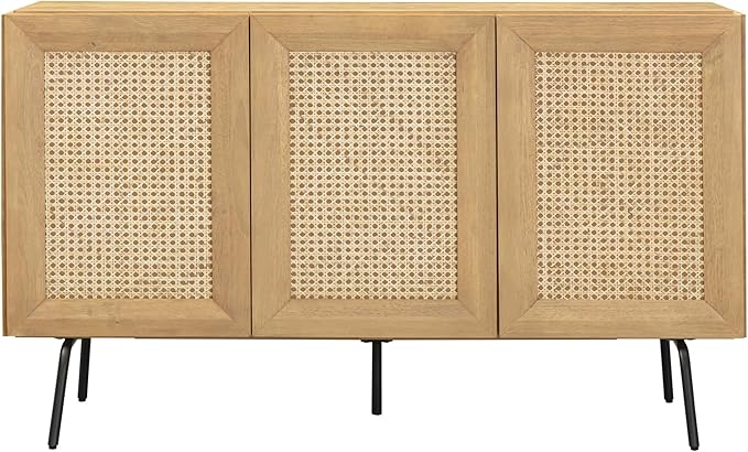 NTC MOSSIC Modern Sideboard with 3 Doors, Natural Rattan Storage Cabinet, Buffet with Metal Legs, Boho Accent Cabinet for Living Room, and Entryway, Effortless Assembly, Sand