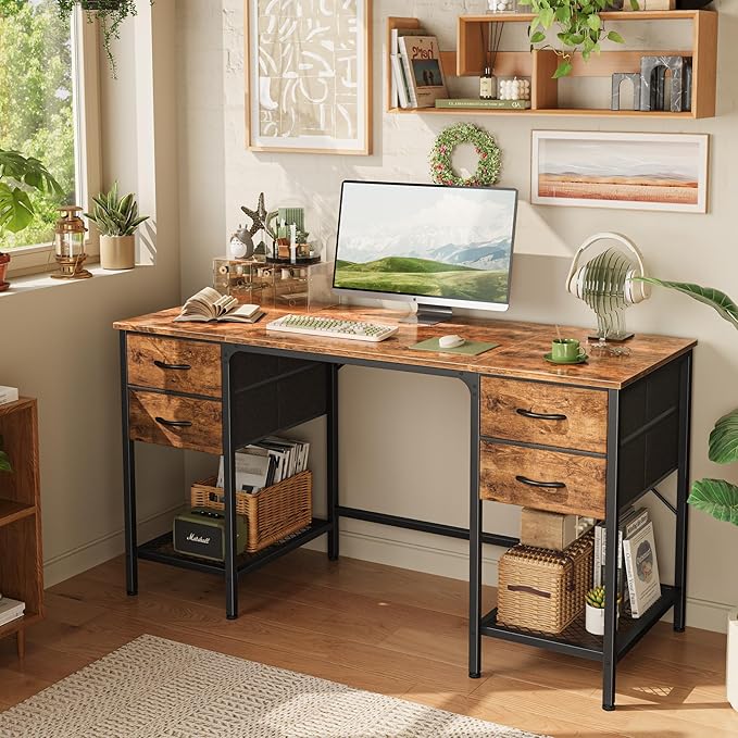 Huuger 55 Inch Computer Desk with 4 Drawers, Office Desk with Mesh Shelf, Gaming Desk, Large Storage, Writing Desk Work Desk for Home Office, Study, Bedroom, Work from Home, Rustic Brown