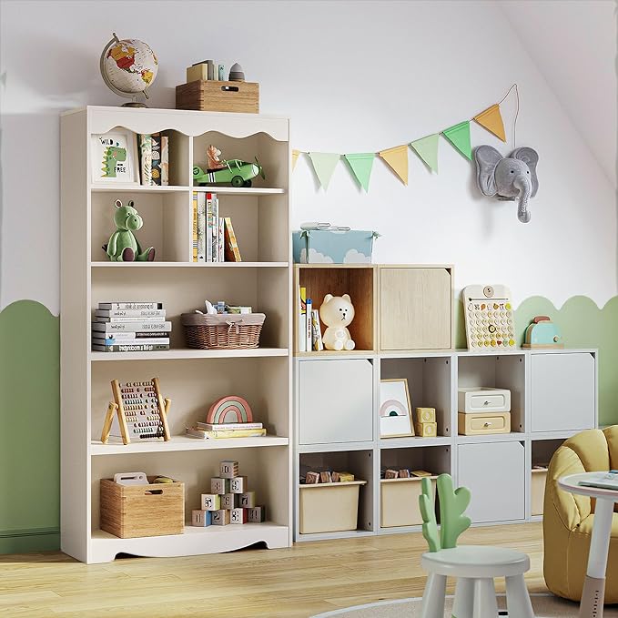 LINSY HOME 5-Shelf Bookcase Wooden, 63" Tall Bookshelf with Storage, Open Floor Standing Cube Shelf Bookcase Libreros, Beige Modern Book Shelf for Bedroom, Living Room, White Oak