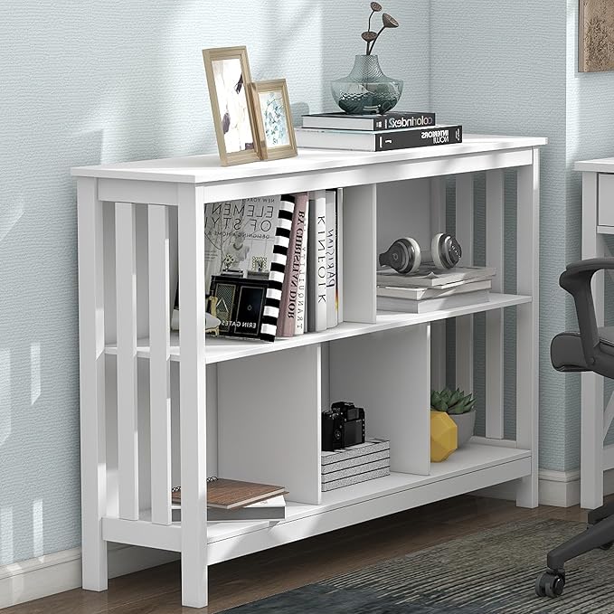 TaoHFE Horizontal Bookshelf - Modern Minimalist 2-Tier Book Shelf with Storage, Short Wide Wood Bookshelf for Classroom, Office, Living Room or Study, White