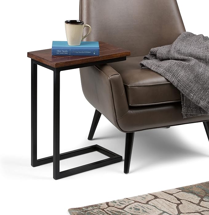 SIMPLIHOME Skyler 18-inch Wide Solid Mango/Metal Industrial C-Shaped End Table in Dark Cognac Brown/Black for Living Room, Office, or Bedroom, Assembled