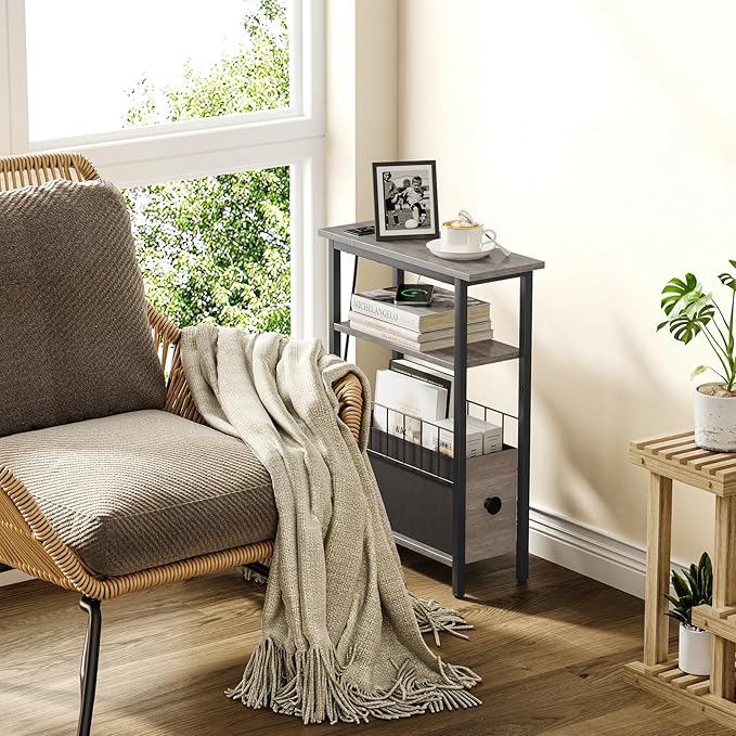 Snughome Narrow Side Table with Charging Station, Slim End Table for Small Spaces, 3 Tier Skinny Nightstand with Drawer, Sofa Beside Table with Storage Shelf for Living Room Bedroom Grey