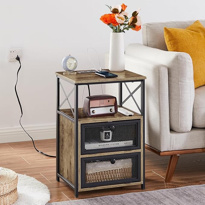 VECELO Dust Grey End Table with USB Ports and Outlets,24 Inch Nightstands with Charging Station and Storage Shelf for Bedroom,Living Room, 1 Set