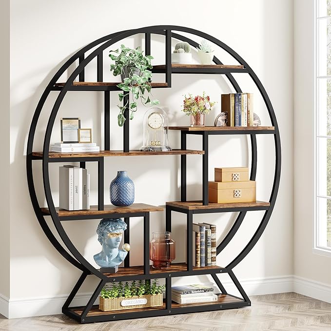 Tribesigns Bookshelf, Round Bookshelves Etagere Bookcase, 63 Inch Industrial Wood Book Shelf with Staggered Shelves, Rustic Open Shelving Organizer Rack Display Shelf for Home Office, Living Room