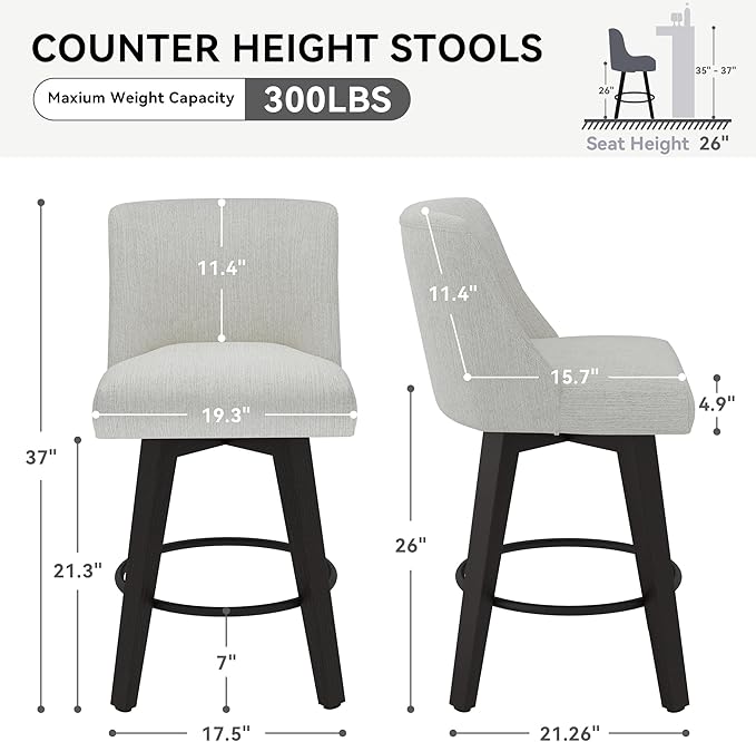 Counter Height Swivel Bar Stools Set of 6, 26 Inch Bar Stools with Footrest, Linen Fabric Upholstered Barstools with Back and Solid Wood Legs for Kitchen Island, Dining Room,Pub,White