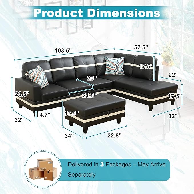 103.5" Oversized Sectional Couch, L Shaped Couch with Storage Ottoman, Modern Modular Sofa with Deep Seat, Sectional Couches for Living Room and Office, Black and White (PU Leather)