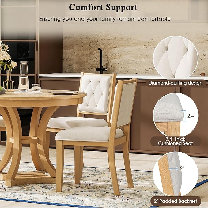 Ball & Cast Retro Dining Table Set for 4 with 4 Upholstered Chairs,5-Piece Wooden Living Room Furniture W/ 42" Round Extendable Kitchen Desk,for Small Space,Apartment,Dining Room,Natural