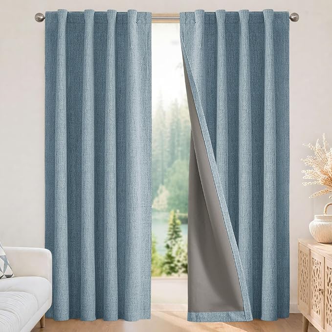 Joydeco 100% Blackout Curtains for Bedroom - Natural Linen Curtains 90" L Long, Thermal Insulated 2 Panels Sky Blue Light Blocking Drapes, Rod Pocket & Back Tabs, Darkening Privacy for Living Room