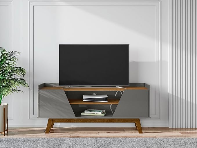 Manhattan Comfort Marcus Mid Century Modern 55 Inch TV Stand with Solid Wood Legs, Cable Management, 4 Shelves and Soft Close Doors, Entertainment Center and Media Console for Living Room, Grey