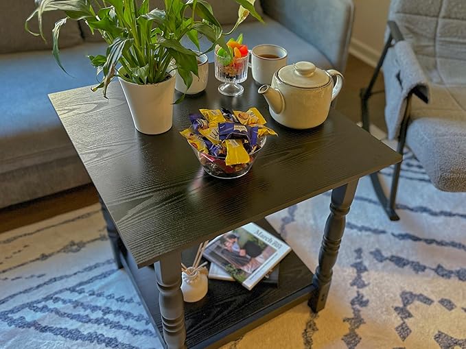 DWVO Farmhouse Square Coffee Table, Antique Accent Side Table with Floor Shelf, 23.6"x 23.6" Living Room Furniture, Black