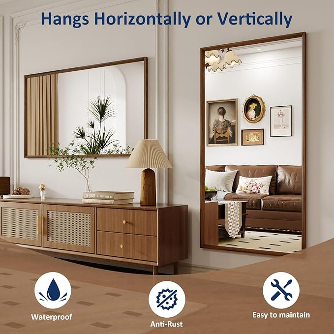 WEER Bathroom Mirror, 40x30 Inch Wall Mirror, Walnut Wood Grain Framed Mirror, Rectangle Vanity Mirror, Tempered Glass, Anti-Rust, Hangs Horizontally or Vertically