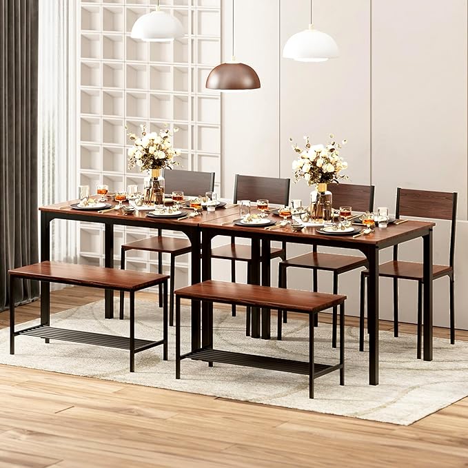 sogesfurniture 4 Piece Dining Table Set, Dining Table Set for 4, Kitchen Dinner Table with Benches for 4, Includes Table, 2 Chairs & Bench, Brown