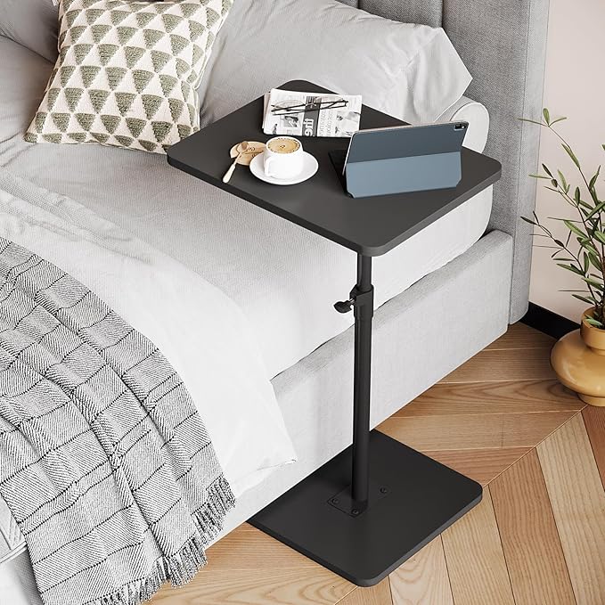 NiHome Minimalist Height Adjustable End Table, 360° Rotatable Sofa Armrest Side Tray Table, Adjustable Legs Space-Saving Couch Bedside TV Tray C-Shaped End Table Snack Table for Eating(Black)