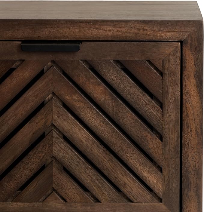 Kate and Laurel Mezzeta Modern Floating Shelf Side Table with Storage Cubby; 16 x 10 x 12; Natural Wood; Decorative Slatted Wood Floating Nightstand with Pull Down Door for Use as Bathroom Storage