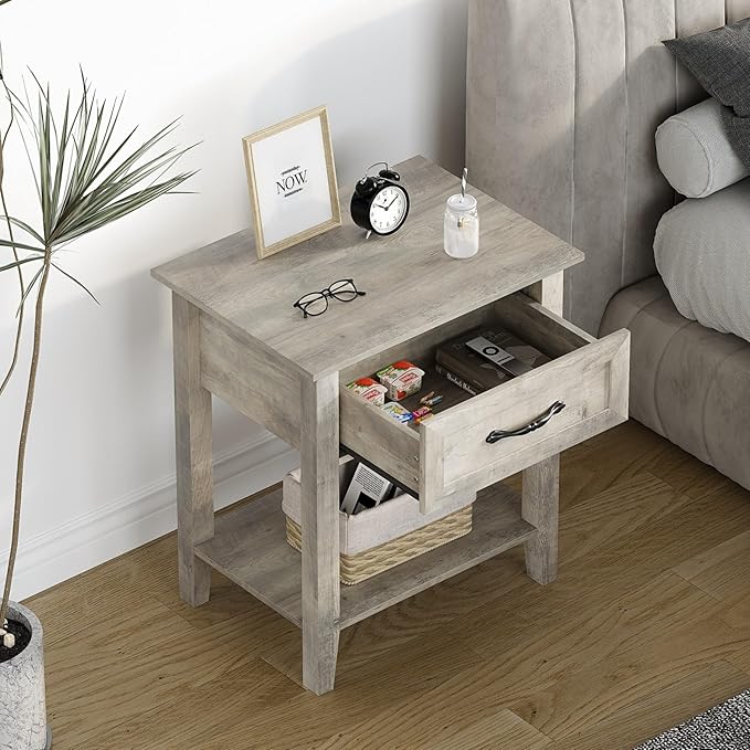 IDEALHOUSE Grey Nightstand, End Table with Drawer, Side Table for Spaces, 2 Tiers Storage Shelves with Dresser, Bedside Table for Living Room, Bedroom, Dorm (Grey)
