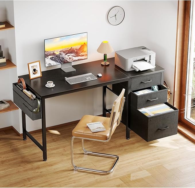 Casaottima 48" Small Computer Home Office Desk for Bedroom with Fabric Drawers & File Cabinet, Cloth Storage Bag and Hook, Writing Study Work Table for Small Space, Black