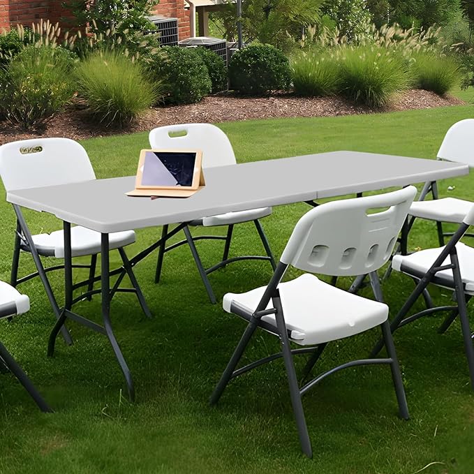 Athena Collection 8 ft Square Folding Dining Table, Large Plastic Foldable Table Portable with Carry Handle, Heavy Duty Fold-in-Half Utility for Indoor Outdoor Party Camping Picnic, Grey
