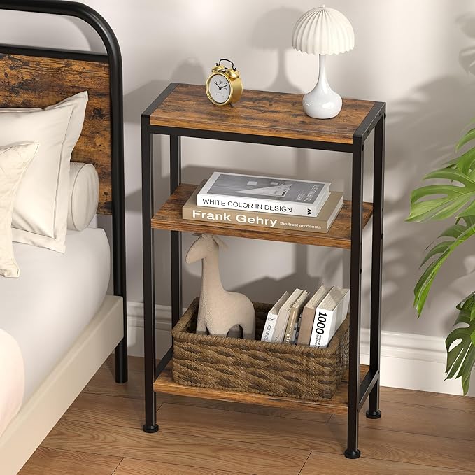 Narrow Side Table for Small Space, 3-Tier Small End Table with Shelf Holder, Slim Nightstand, Skinny Snack Couch Table in Living Room, Bedroom, Study, Kitchen and Balcony（Rustic Brown