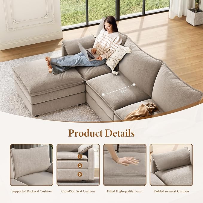 Vesgantti 142" Cloud Couch Sectional Modular Sofa, Comfy Sectional Couch with Ottoman Deep Seat Chenille L Shaped Sofa, Modular Couches for Living Room, Bedroom and Apartment, Light Brown
