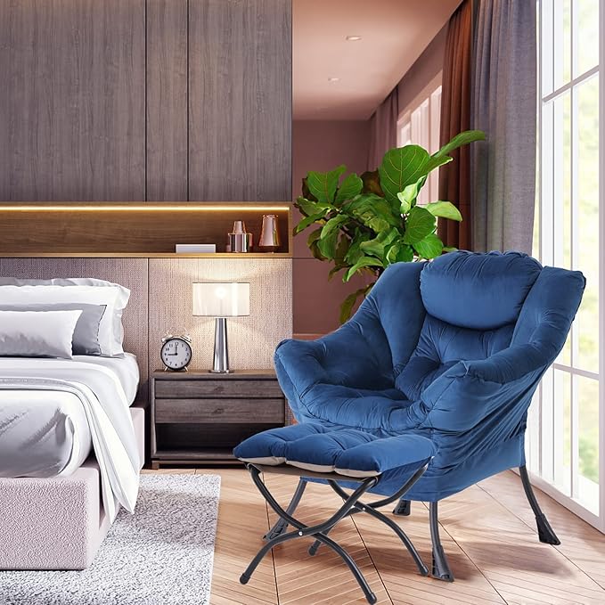 LITA Lazy Chair with Ottoman, Modern Accent Leisure Upholstered Sofa Chair, Contemporary Lounge Reading Chair with Armrests and a Side Pocket for Living Room, Bedroom & Small Space, Royal Blue