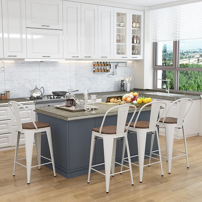 Yongqiang Metal Bar Stools Set of 4 Kitchen Island Counter Height Bar Stools High Back Farmhouse Barstools with Large Wooden Seat 24 inch Cream White