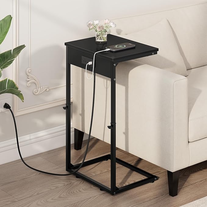 Vagusicc C Shaped End Table with Charging Station, Adjustable Height Side Table for Couch,Small Side Table Small Spaces, 33.2'' Tall Couch Tables that Slide Under, Tv Tray Table for Living Room, Black