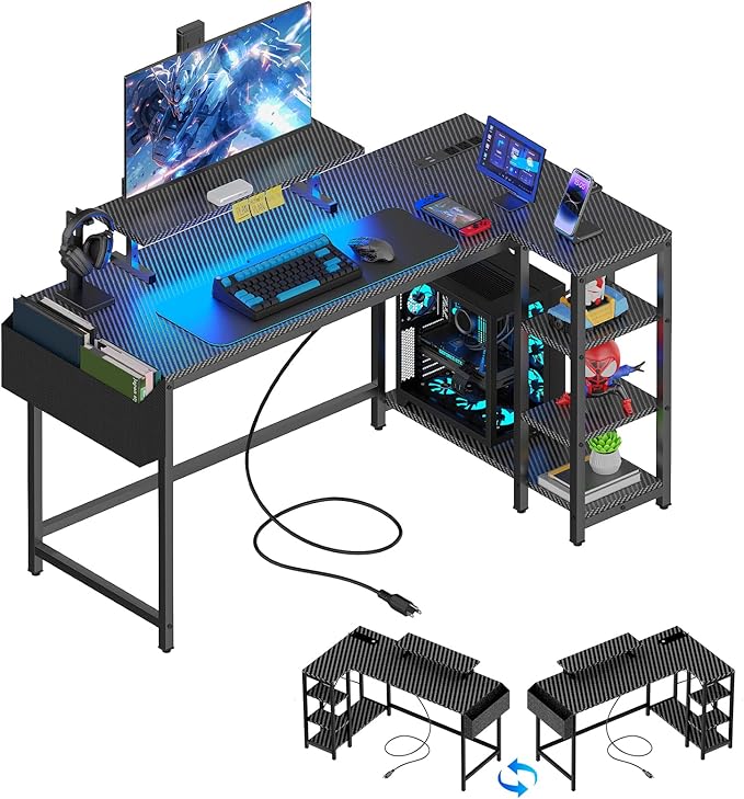 40 inch Gaming Desk with USB Power Outlet and LED Light- Reversible L Shaped Desk with Storage Bag,Computer Desk with Adjustable Monitor Stand& Storage Shelves and CPU Stand,Corner Desk Table
