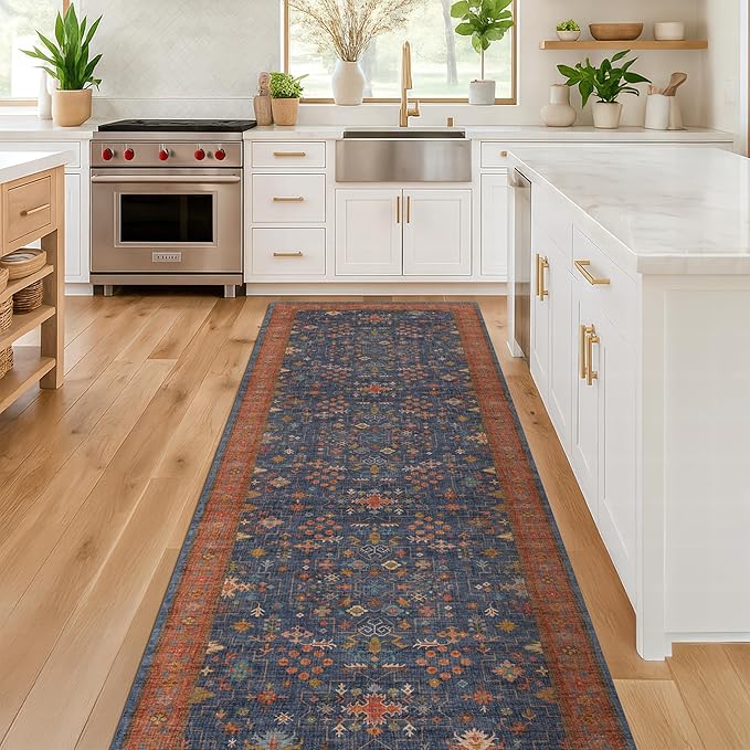 Navy Blue Runner Rug 2x7 for Kitchen, Hallway, Mudroom, Laundry Room, Bathroom, Washable Non Slip Non Skid Rubber Backing Low Pile Stain Resistance