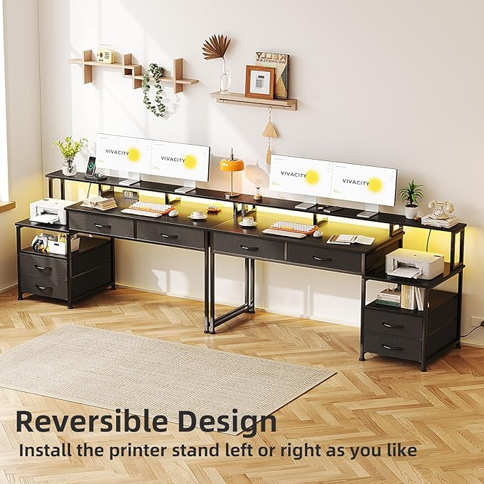 53" Computer Desk with 4 Drawers & Power Outlets, Reversible Home Office Desk with Monitor Stand & Printer Stand, Gaming Desk with Led Lights, Study Writing Work Desk Table for Bedroom (Black)