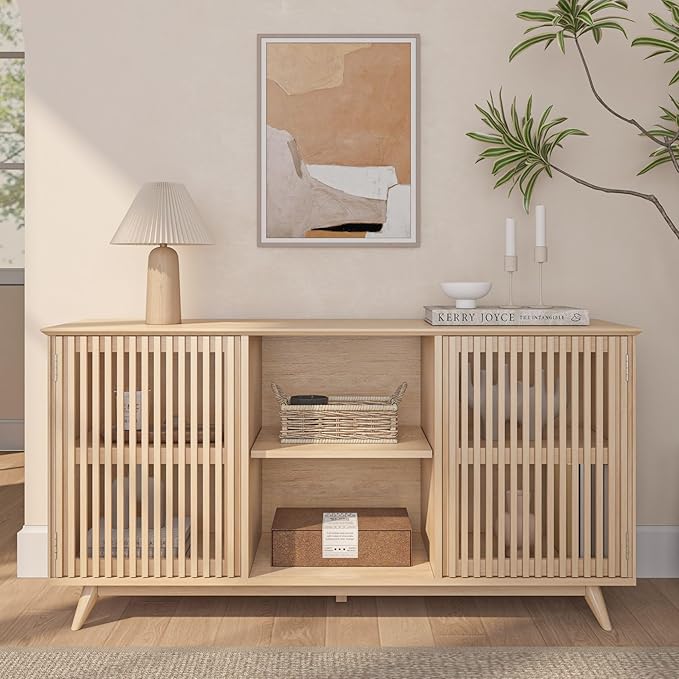 Plank+Beam Mid-Century Modern Wood TV Stand, Solid Wood Entertainment Console with Storage, 59" L x 16" W x 30" H, Blonde